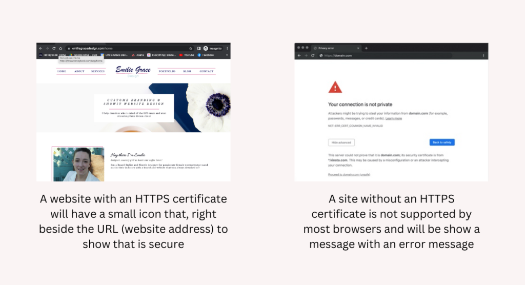 It discribes the diffrence between an website that have an HTTPS certificate vs one that dose not have one. | Showit Pricing Tier 