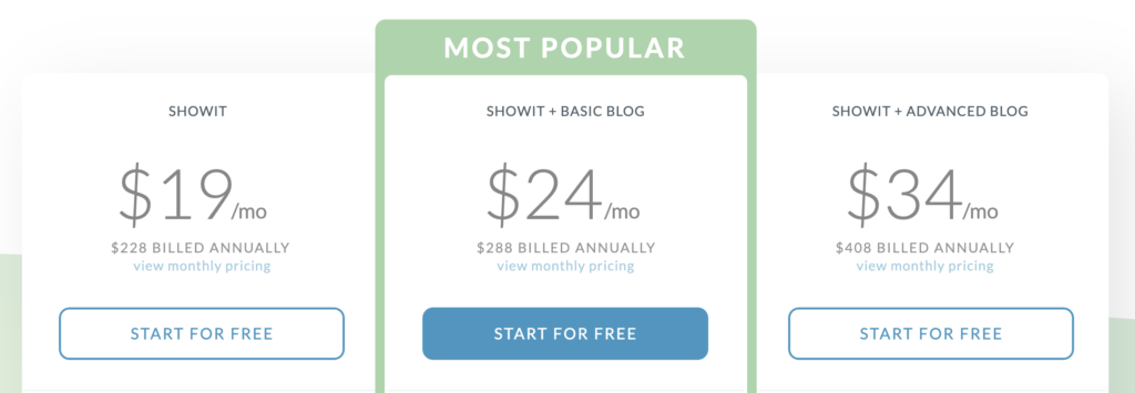 Here is the pricing of all three tiers for a Showit website and it is based on the business/website owners needs.