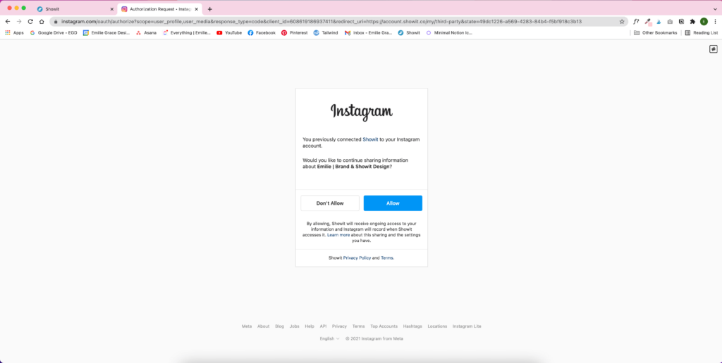 The final step to connecting your Instagram account to your Showit website